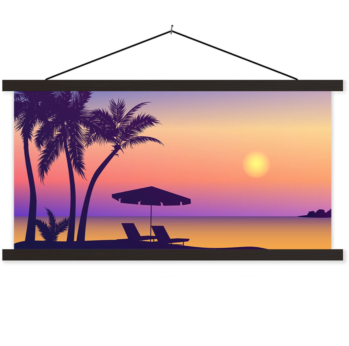 Posterhanger incl. Poster 150x75 cm - Schoolplaat - Strandstoel - Parasol - Zomer - Illust