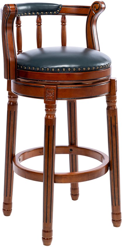 Houten barkruk met donkergroene lederen zitting en rugleuning. Bekleed met gouden spijkers, met een ronde voetsteun.