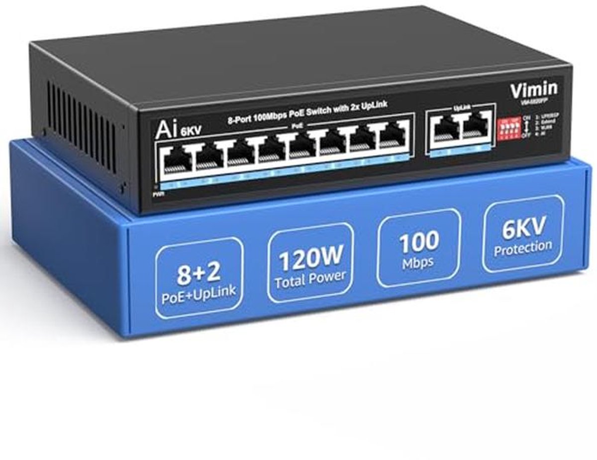 10-poorts onbeheerde PoE-switch met 8 PoE-poorten en 2 uplinkpoorten