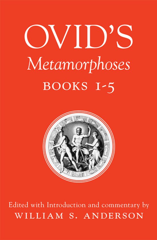 Livre "OVID'S Metamorphoses BOOKS I-5" avec une couverture rouge et une illustration circulaire de figures classiques.