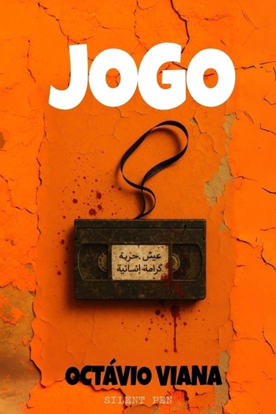 Couverture de livre avec le titre 'JOGO' en lettres blanches. Au centre, une cassette vidéo avec du texte arabe, des gouttes de sang et une bande noire. Sur le fond orange et usé, le nom Octávio Viana.