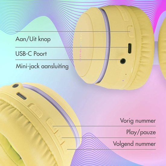 Gele koptelefoon met aan/uit knop, USB-C poort, mini-jack aansluiting, vorige/volgende en play/pauze knoppen.