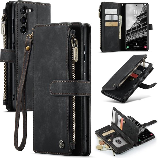 Étui portefeuille noir en cuir avec fermeture éclair et dragonne. Montré avec étui de téléphone amovible, fentes pour cartes et argent.