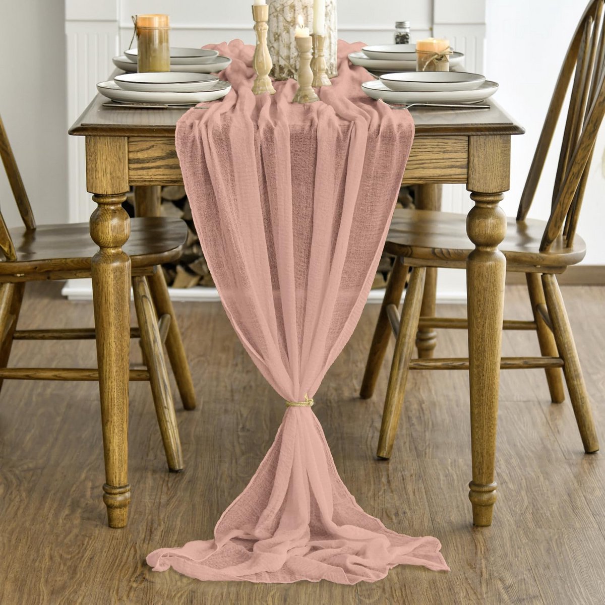Boho Peach Gaas Tafelloper 90x300cm Seizoen Stof voor Feest en Dinerstyling