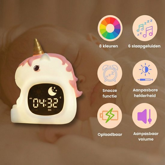 Luvonic® Slaaptrainer - Kinderwekker - Nachtlamp en Wekker - Kindvriendelijke Slaapwekker - Slaaptrainer met Led en Geluid - White Noise - 8 Verschillende Kleuren - Kind/Peuter/Kleuter - Eenhoorn van Luvonic — afbeelding 2