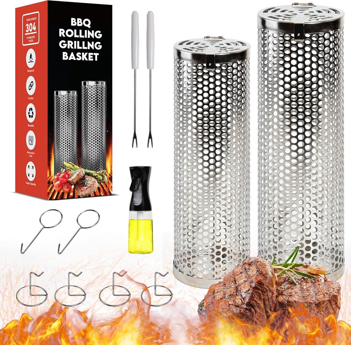 Draaibare Barbecue Mand Set (2 stuks) - Zwaar RVS Grillmand voor 360° Grillen
