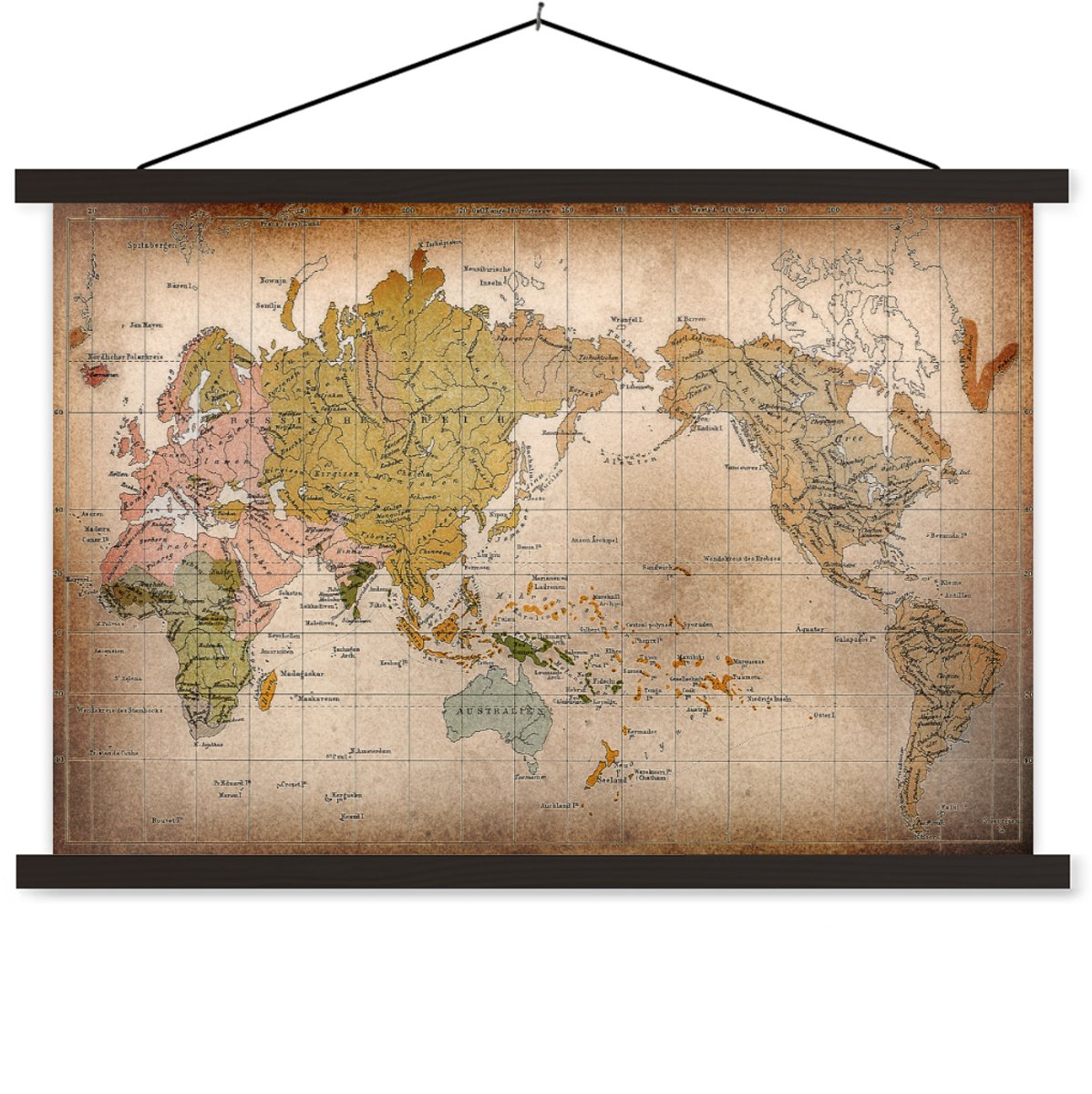 Schoolplaat - Textielposter - Klassieke wereldkaart de verspreiding van mensenrassen - 90x60 cm - Textiel poster