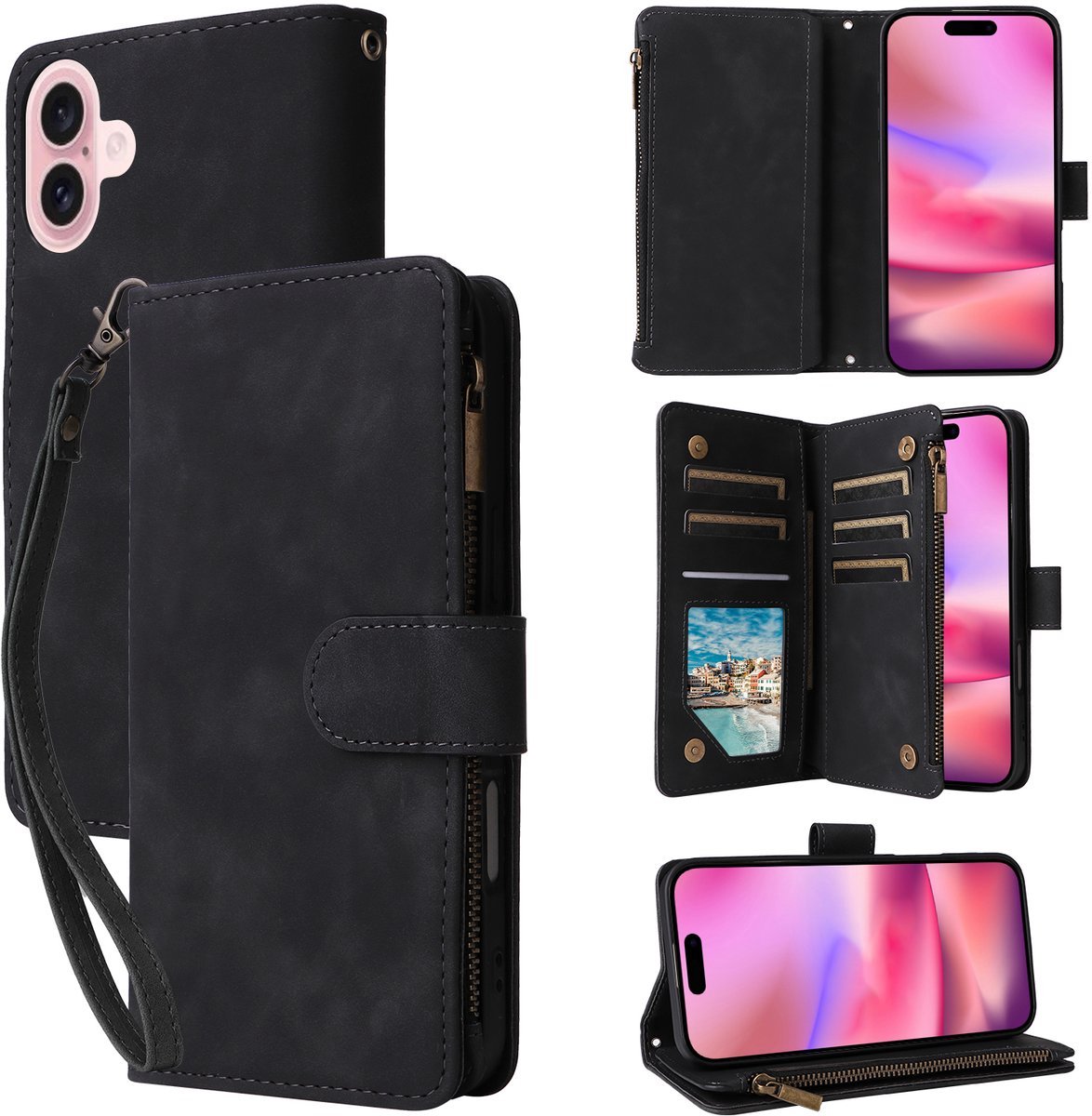 YPCd Wallet Case Pasjeshouder met Rits – Geschikt voor Apple iPhone 17 – Luxe Bookcase Hoesje met 6 Pasjesvakken & Polsbandje – Zwart