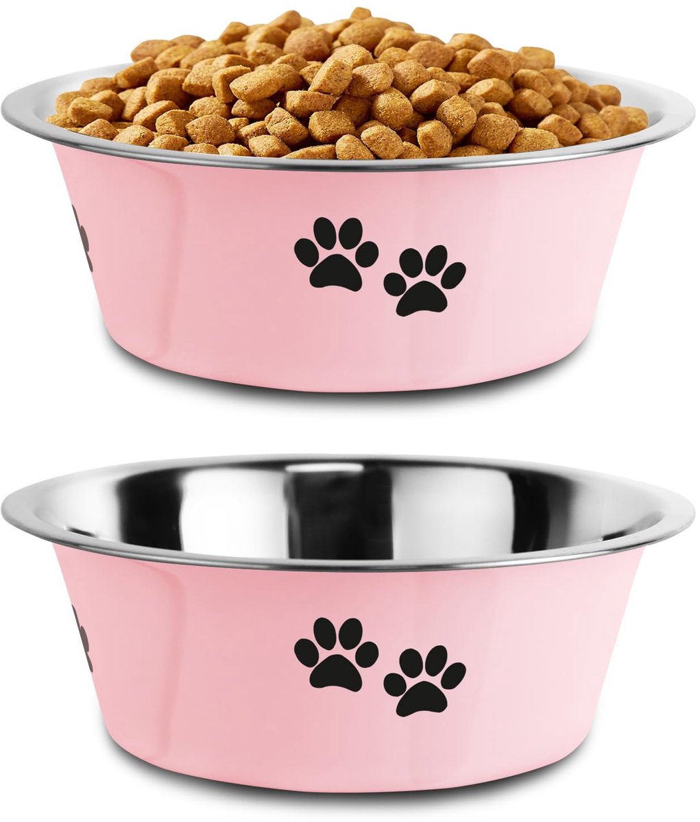 Set van 2 - Voerbakken - Voerbakken voor huisdieren - Roestvrij staal - Antislip rubberen voet - 21 cm - Bedrukt - Voerbak - Waterdispenser - Geschikt voor kleine, middelgrote en grote honden - 21 cm - 1450 ml - roze