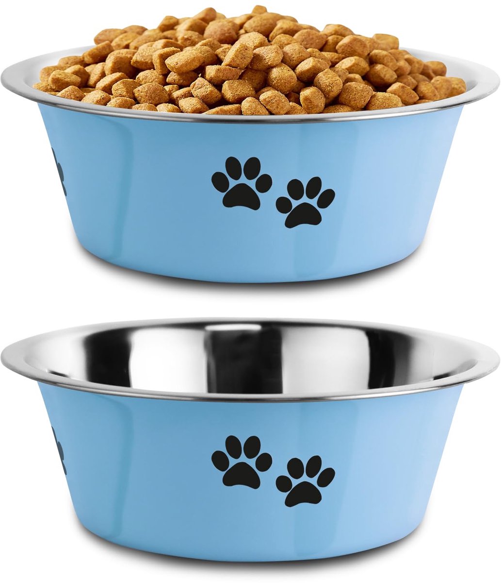 Set van 2 - Voerbakken - Voerbakken voor huisdieren - Roestvrij staal - Antislip rubberen voet - 21 cm - Bedrukt - Voerbak - Waterdispenser - Geschikt voor kleine, middelgrote en grote honden - 21 cm - 1450 ml - blauw