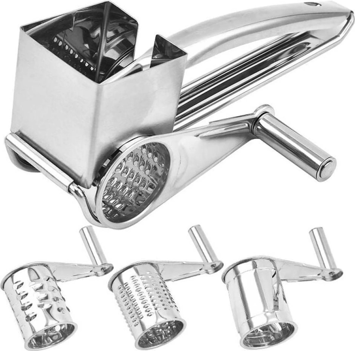 Stainless steel single-tube cheese grater with three grating blades