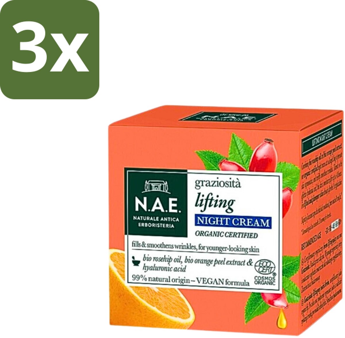 N.A.E. Graziosita Lifting Nachtcrème - Vegan & Biologisch - Hydraterend & Verjongend effect - 50ml - Bulkverpakking - 3 stuks