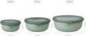 Drie groene Mepal Cirqula bewaarbakken met deksels en afmetingen: 350ml, 750ml en 1250ml.