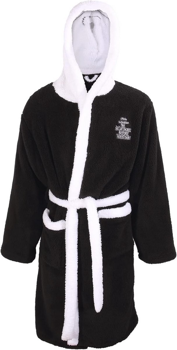 Jack Skellington Badjas voor Volwassenen - Zwarte Fleece Badjas met Vreemd Kerstthema