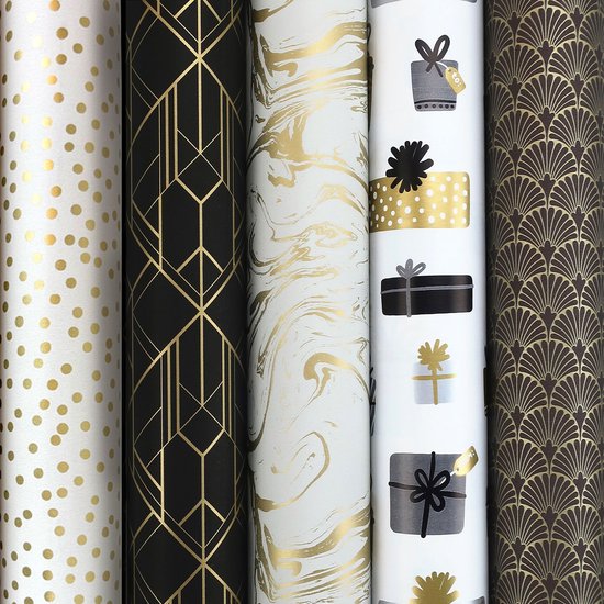 Papier cadeau TOUCH OF GOLD - assortiment de papier cadeau - 2 mètres x 70 cm - 5 rouleaux