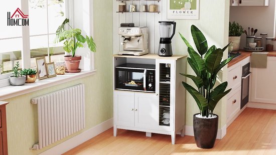 HOMCOM Armoire de Cuisine, Buffet Cuisine Meuble de Rangement scandinave avec placards, Compartiments Ouverts, Portes vitrées et Plan de Travail, pour Salle à Manger, Salon, 108 x 35 x 180 cm, Blanc