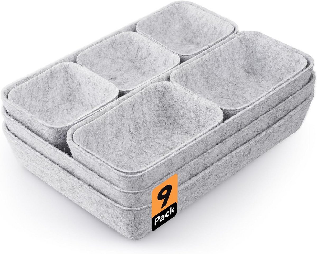 9-delige Vilten Lade Organizer Set in 4 Maten voor Thuis en Kantoor - Lichtgrijs