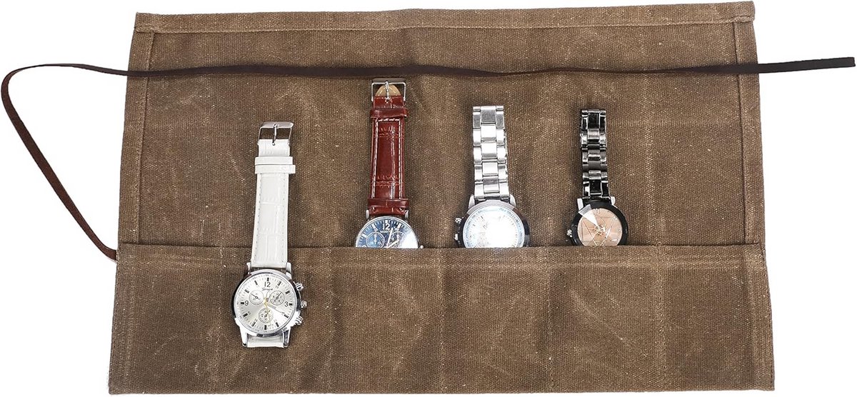 Waxed Canvas Horloge Roll - Handgemaakte Waterdichte Multifunctionele Reistas voor Horloges - Organizer voor 6 Horloges - Perfect Cadeau voor Hem en Haar