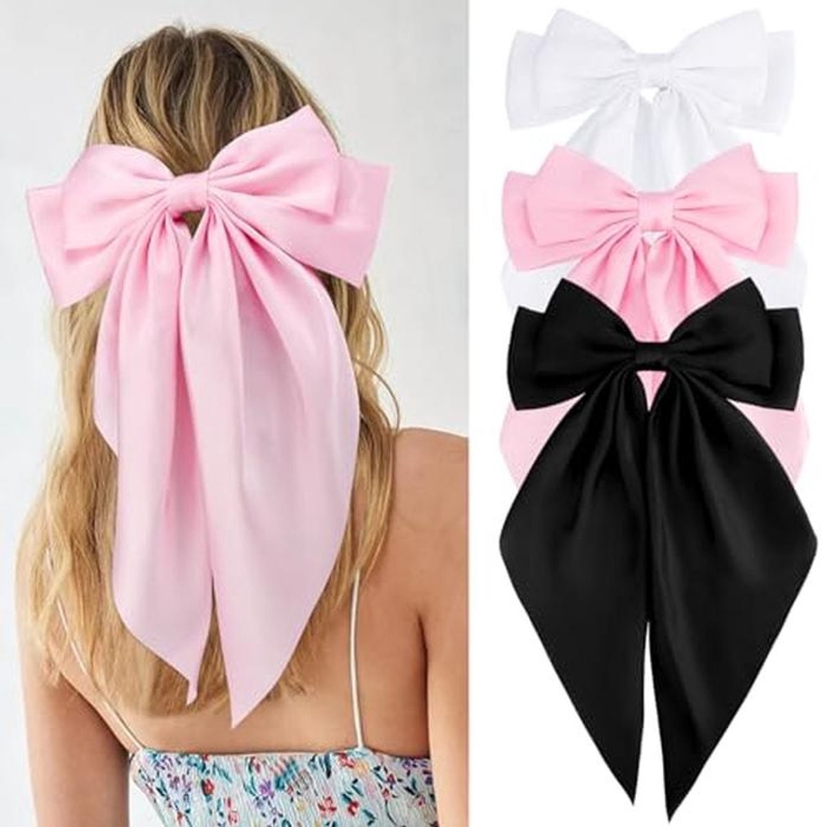 3 Stuks Grote Haarstrikken in Witte, Roze en Zwarte Kleur voor Vrouwen