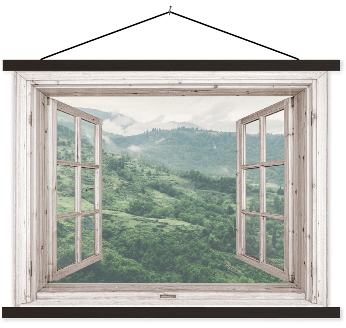 Posterhanger incl. Poster 150x113 cm - Schoolplaat - Doorkijk - Berg - Boom - Textielposter - Zwarte latten