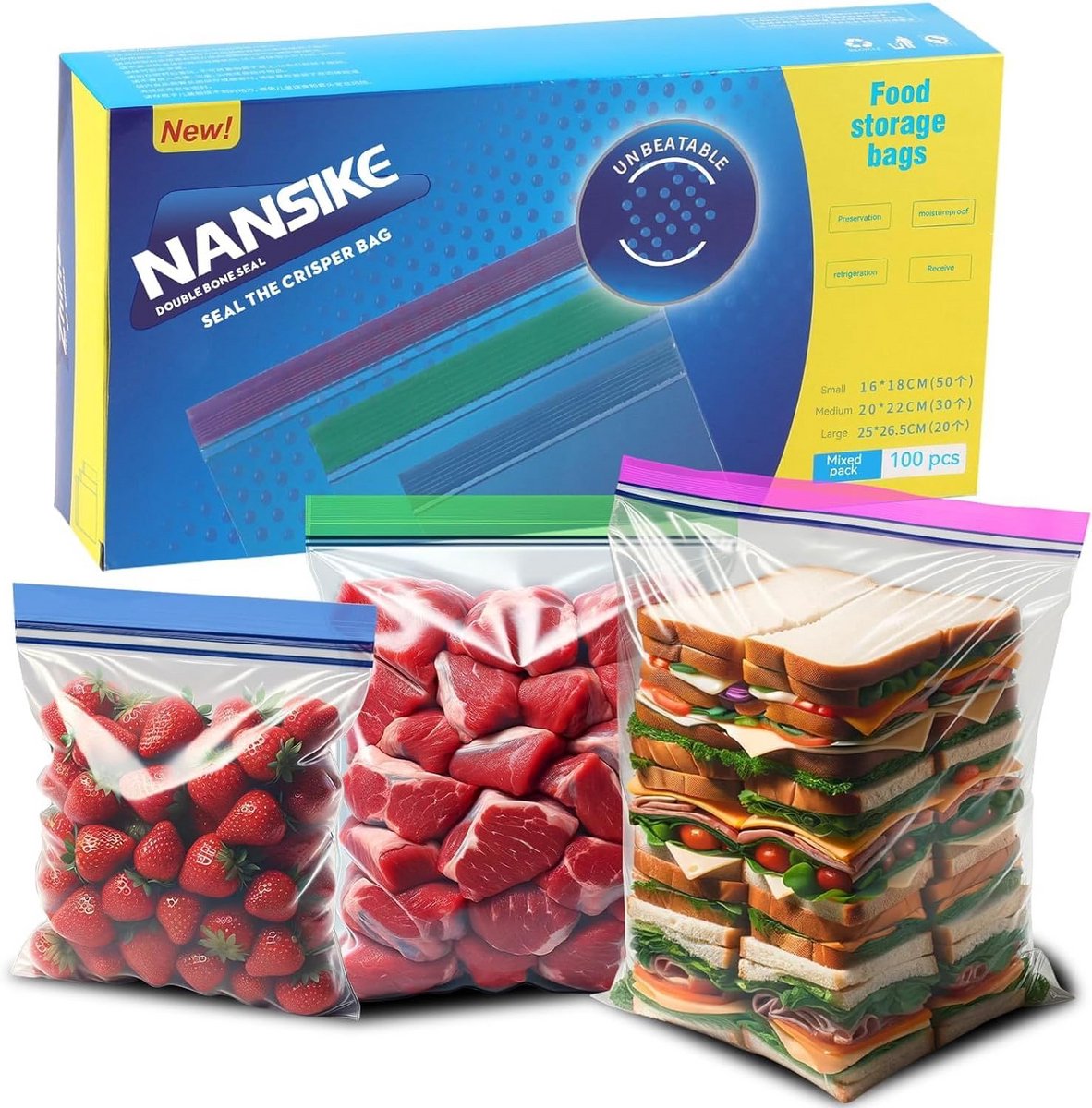 100x Herbruikbare Diepvrieszakken met Zipper - 3 Maten voor Voedselopslag, Fruit & Groenten