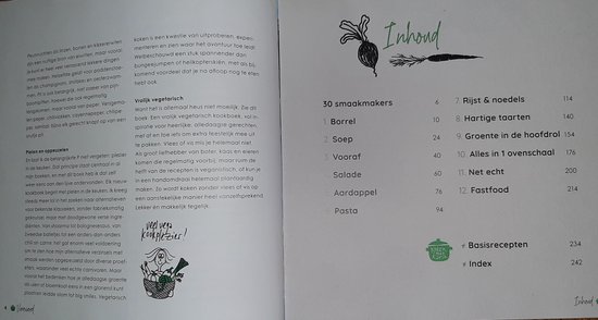 Pagina met inhoudsopgave en illustratie van een wortel en prei.