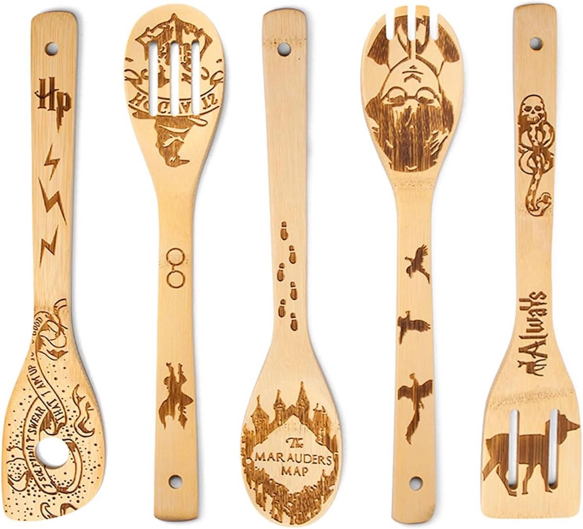 Set van 5 Houten Keukenlepels van Bamboe - Duurzaam en Grappig Cadeau