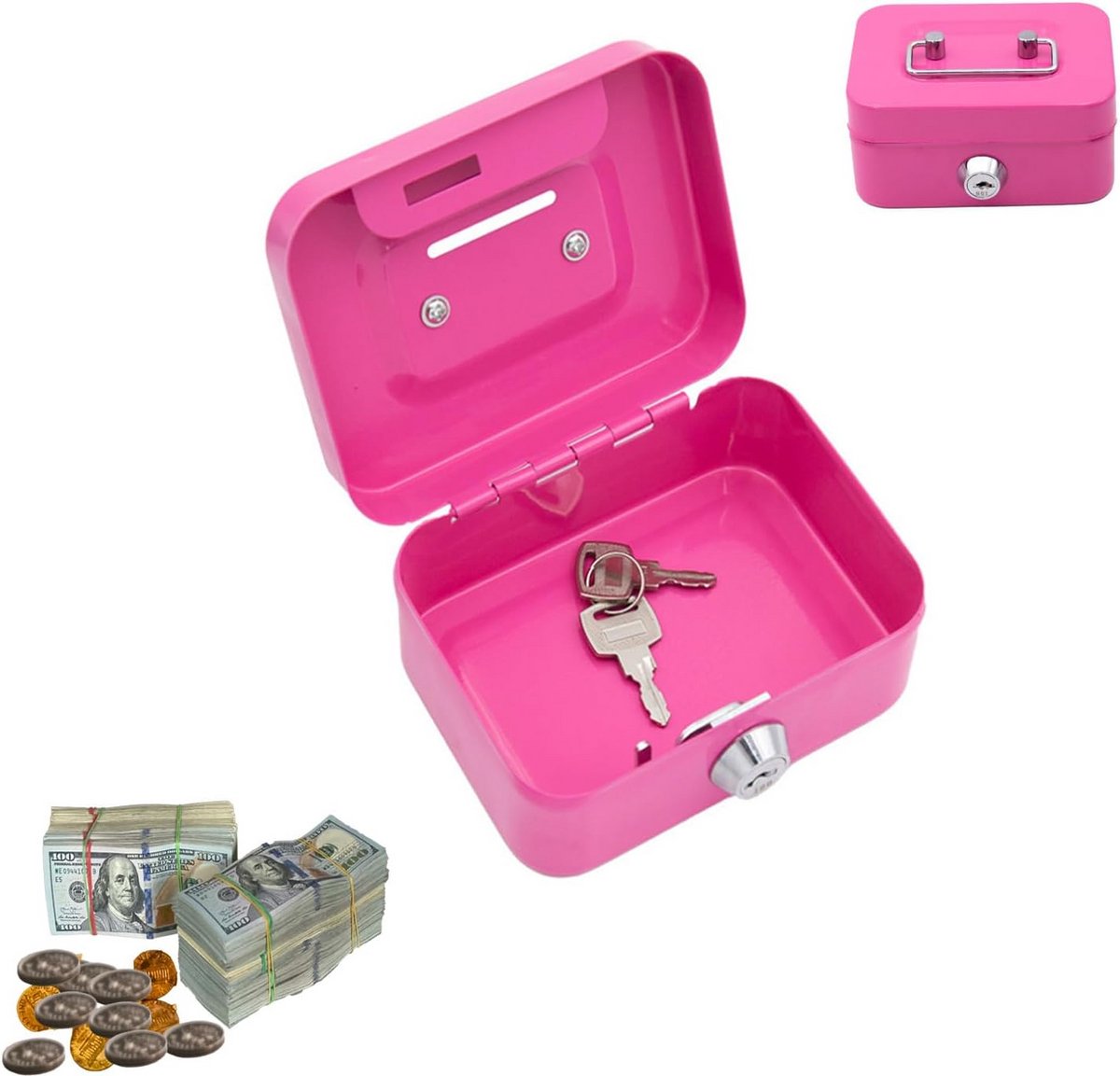 Kleine afsluitbare geldcassette met sleutelslot - Metaal - Roze - 11,5 x 8,5 x 5,8 cm