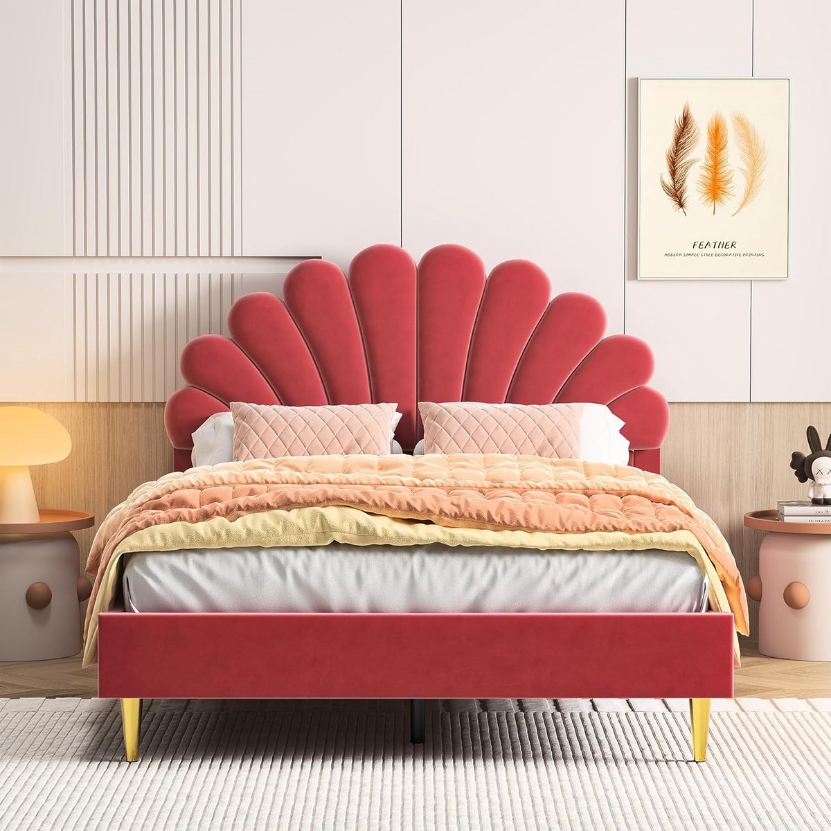 Kindخدbed Meisjes 140x200 cm Gestoffeerd Tweepersoonsbed met Bloem Hoofdbord