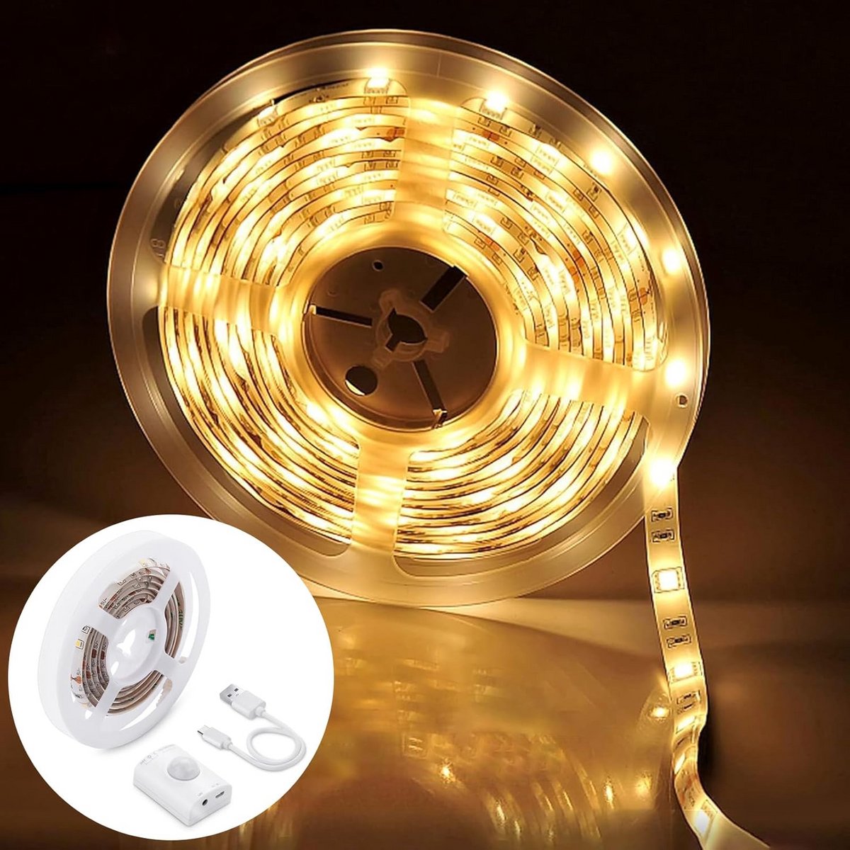 Oplaadbare LED Strip met Bewegingssensor 1.5 Meter - Zelfklevend Warm Wit Licht