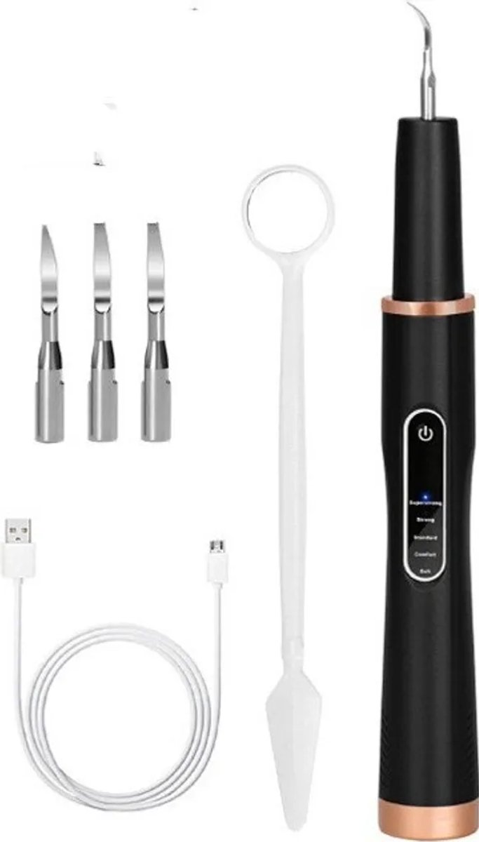Ultrasone tandplakverwijderaar, elektrische monddouche, waterflosser en 4 reinigingskoppen (zwart)