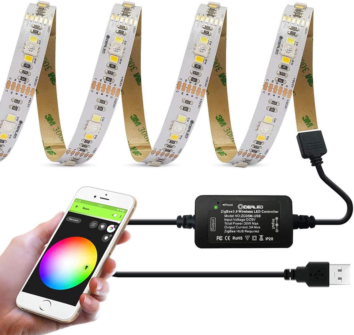 ZigBee 3.0 RGBWW LED Strip op USB | Werkt met Hubs en Alexa | Slimme Kleurtemperatuur Verlichting