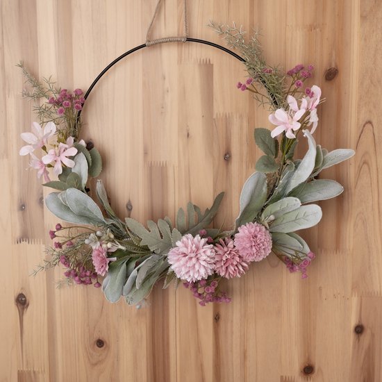 Kunstbloemen Krans Voordeur - Hangende Bloemenkrans Roze (40cm) voor Muurdecoratie - Trouwfeest & Feest - Imitatie Rozenkrans met Bladeren - All-Season Sfeerdecoratie