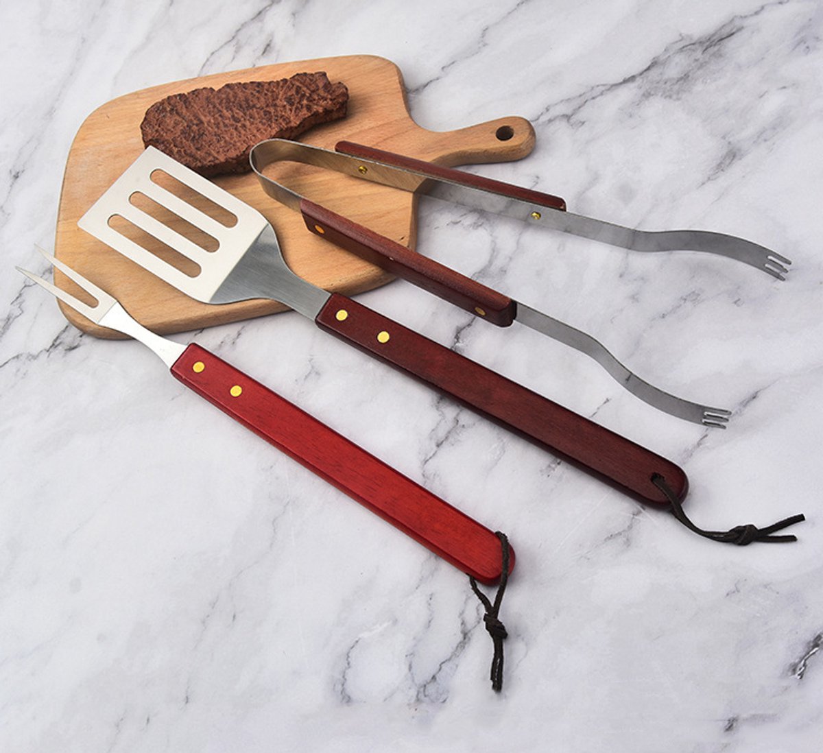 3-delige barbecueset van roestvrij staal met massief houten handgrepen