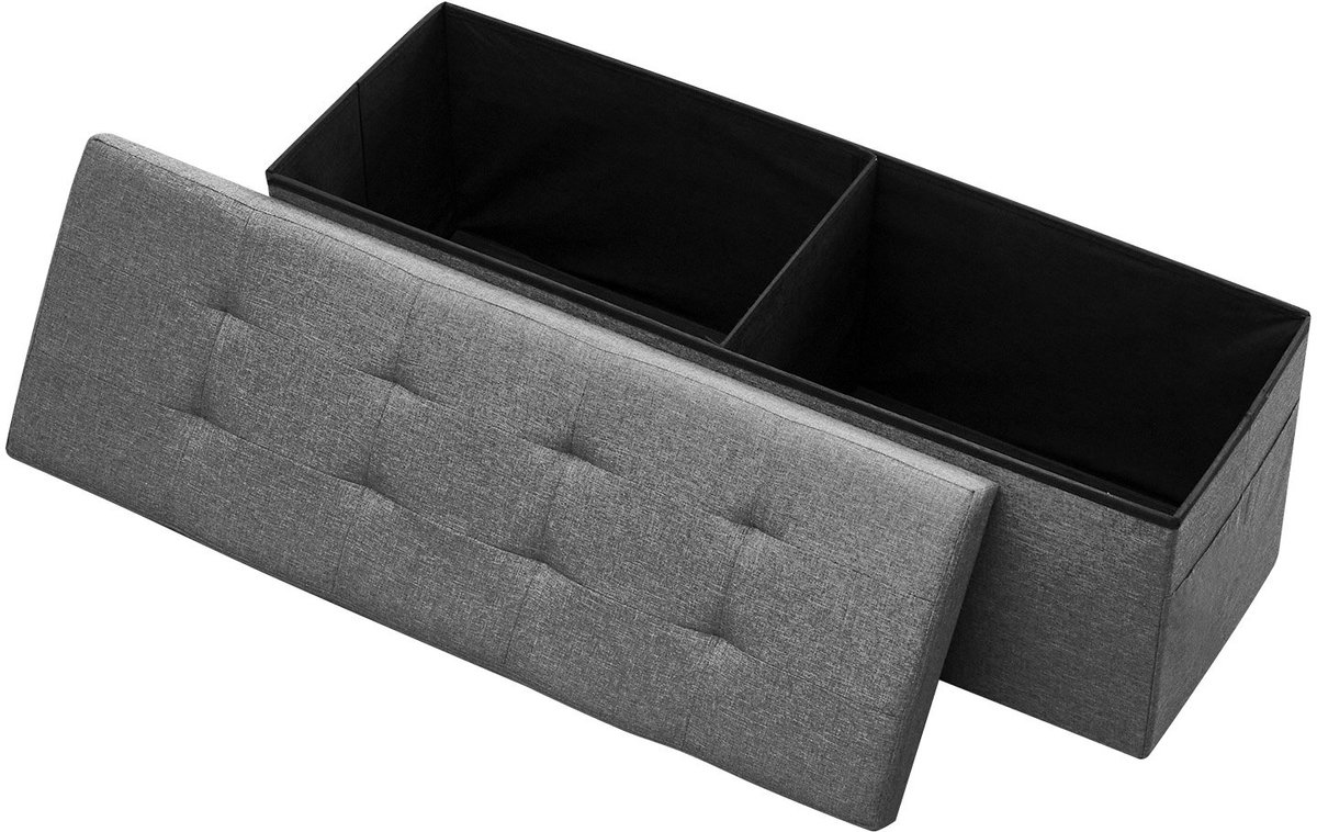 Poef met opbergruimte - Opvouwbare rechthoekige voetenbank - Met zijvakken - Belastbaar tot 300 kg - Afmeting 28 x 38 x 38 cm - Gevoerd zitvlak - Grijs