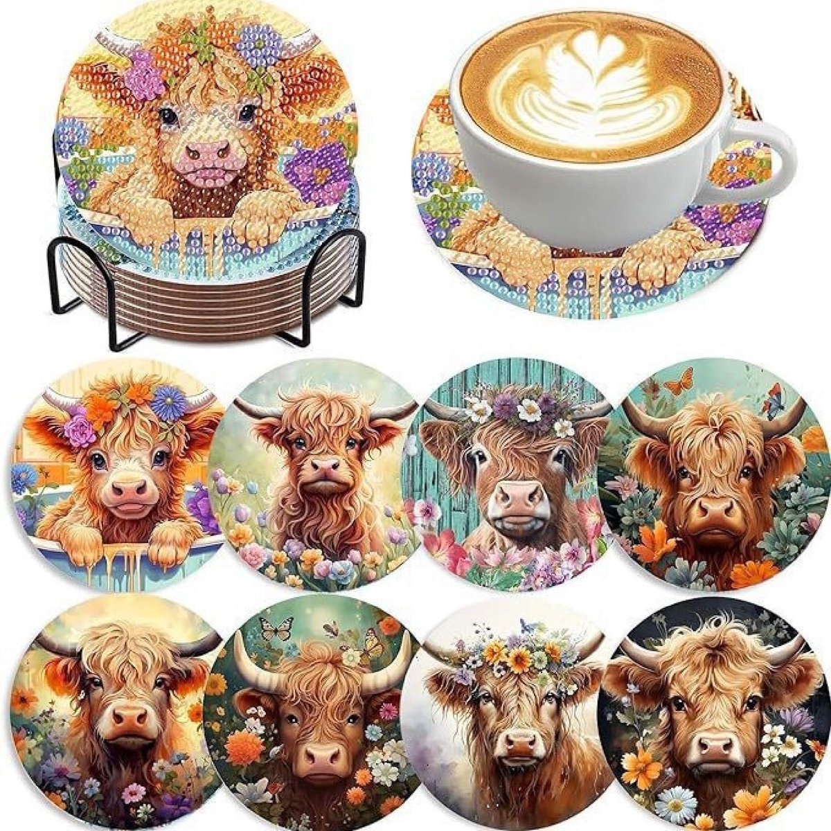 VDTOYS® DIAMOND PAINTING voor volwassenen - Highland cow design - Onderzetters - Coasters - Onderleggers - Ronde steentjes - 8 stuks - Compleet Hobbypakket - u koopt hier set AE-513 Highland cow