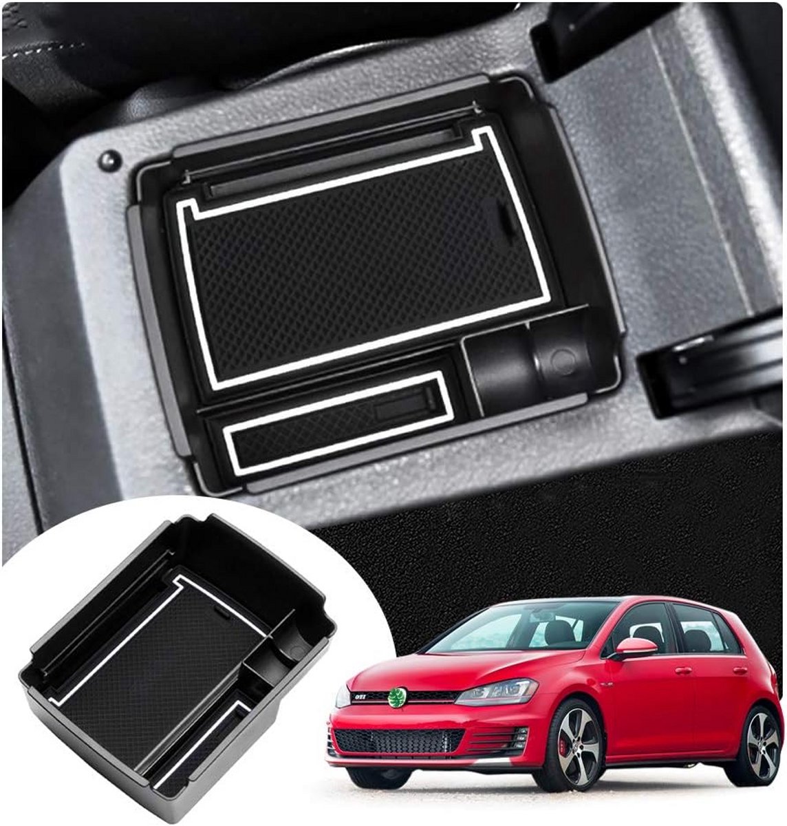 Middenconsole Organizer voor VW Golf 7 & 7.5 (2013-2018) | Armsteun Opbergdoos met Antislipmat