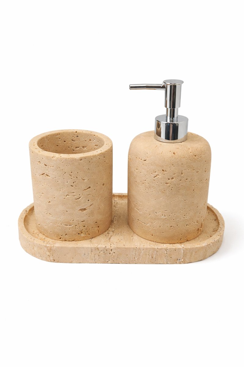 Marmeren Badkameraccessoires Set – 3-delig – Tray, Zeepdispenser & Tandenborstelhouder – Travertin Beige – Luxe Afwerking met Zilveren Details