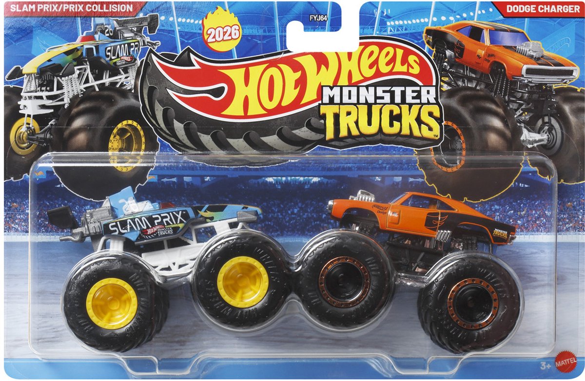 Hot wheels Monster Jam truck 2-pack Slam Prix / Prix Collision & Dodge Charger- monstertrucks 9 cm schaal 1:64