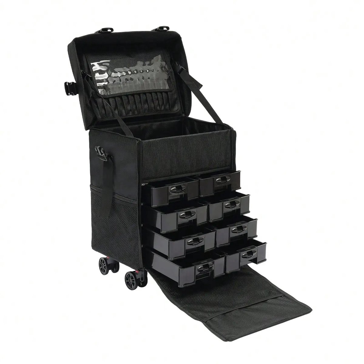 LabelOne Make Up Koffer - Cosmetica Koffer - Makeup Koffer - 8 lades - zwenkwielen - grote capaciteit - 38x29x42 cm - zwart