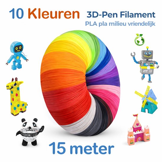 Filament pour stylo 3D coloré en cercle arc-en-ciel, avec de petits objets imprimés en 3D comme un robot, une girafe, un panda, un moulin et un château.