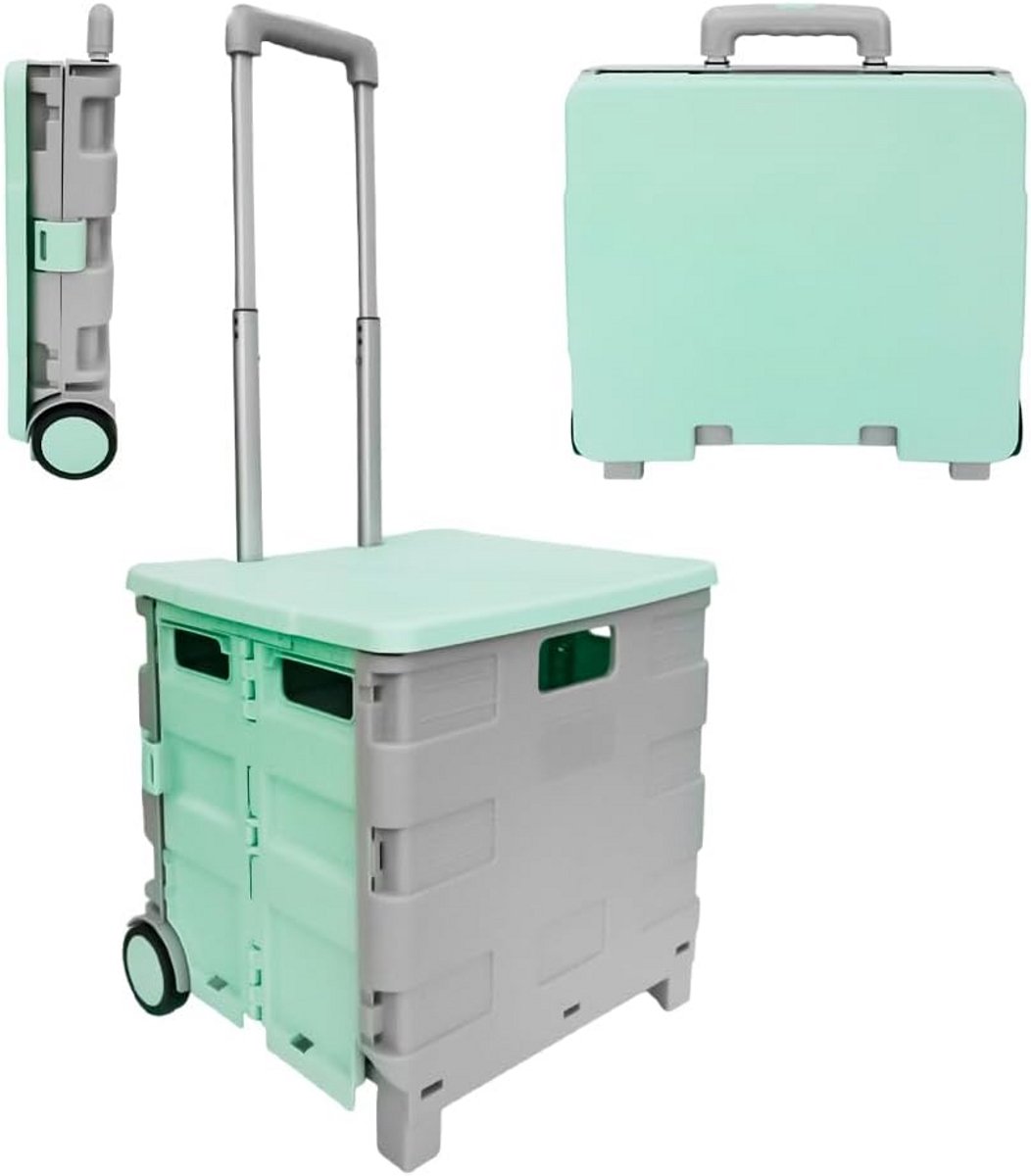 Opvouwbare Boodschappentrolley 40KG Mintgroen/Grijs met Deksel en Wielen