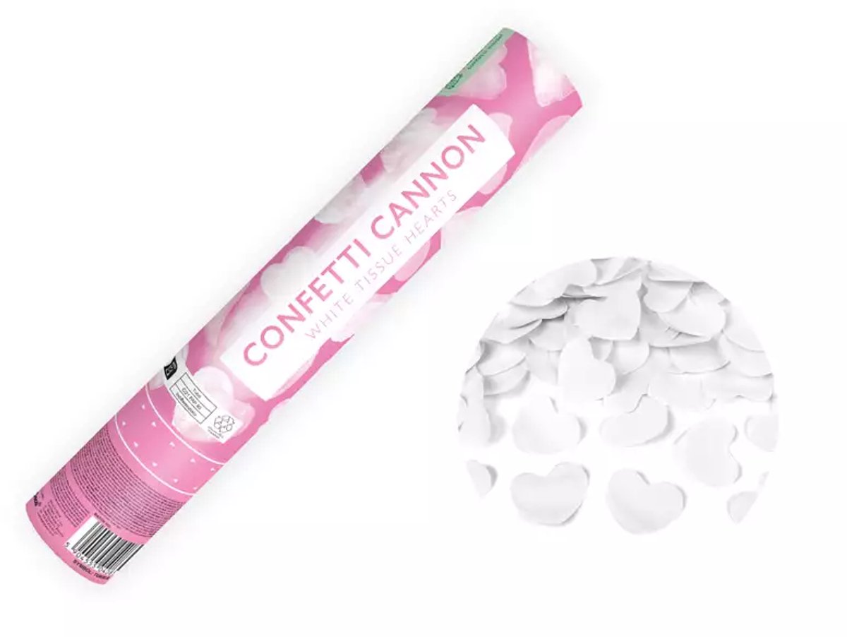 Confetti kanon met hartjes, wit, 28 cm
