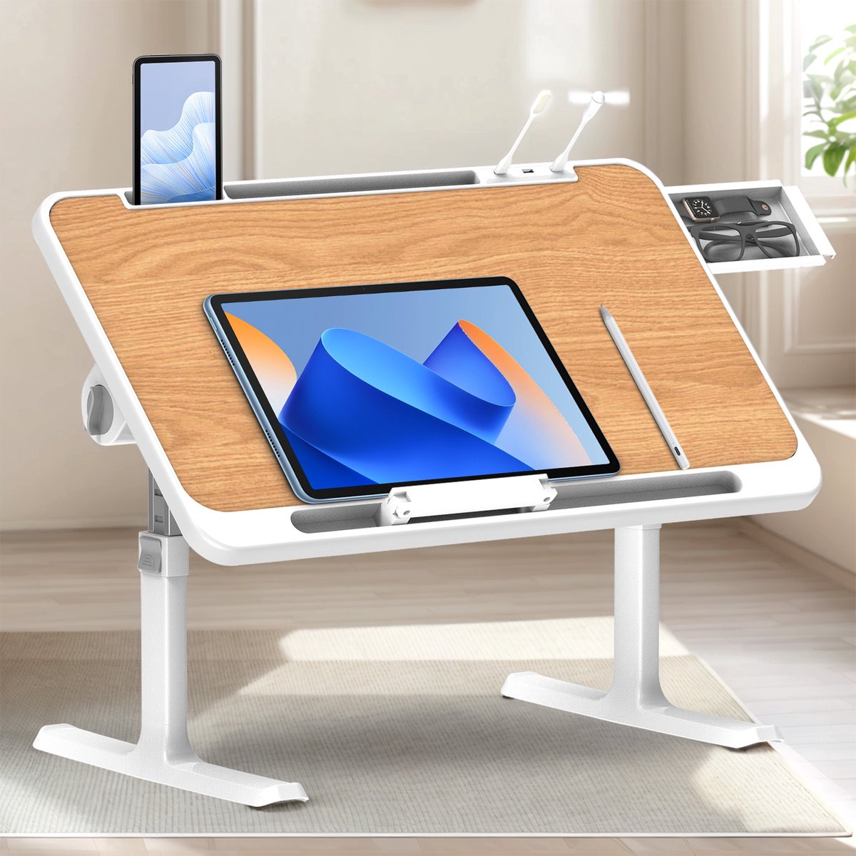 Soontrans Opvouwbare Laptoptabel In Hoogte Verstelbare Laptoptabel Met Lade + LED + Ventilator Draagbaar Bureau Voor op Bed Met Ergonomische Kantelhoek，Hoek Kan Vrij Worden Aangepast Voor Bank, Vloer, Bed, Buiten - Walnoot