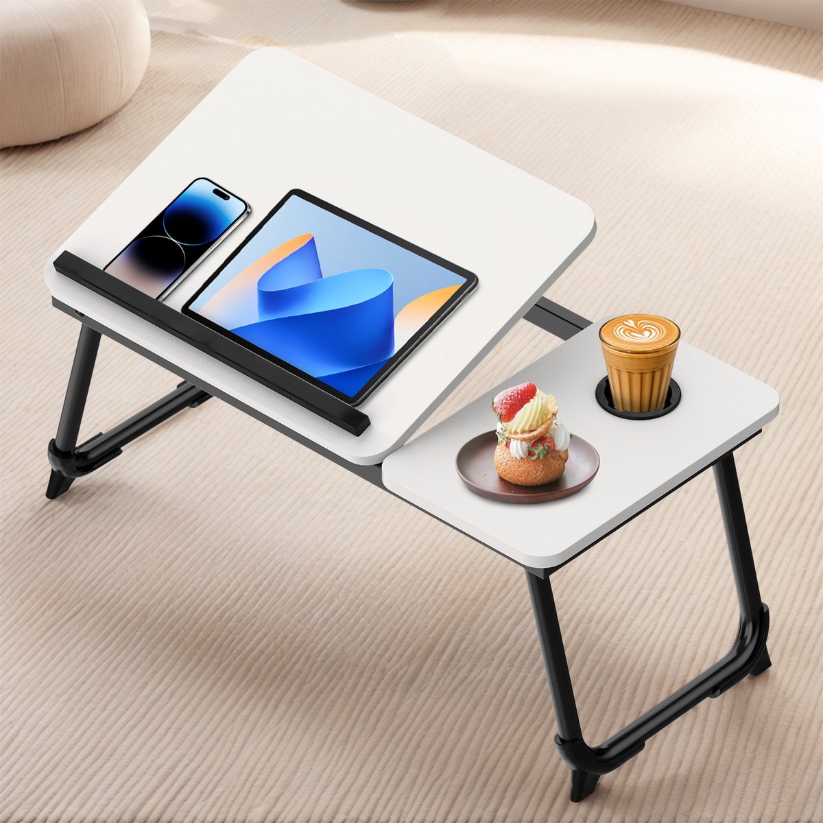 Soontrans Laptoptafel - Opvouwbaar Bedtafel - Banktafel - In 5 Standen Laptoptafel Verstelbaar - 63x27x33cm Laptoptafeltje Hout - Laptopstandaard - Ontbijttafel - Ontbijt op Bed Met Bekerhouder, Warm Wit