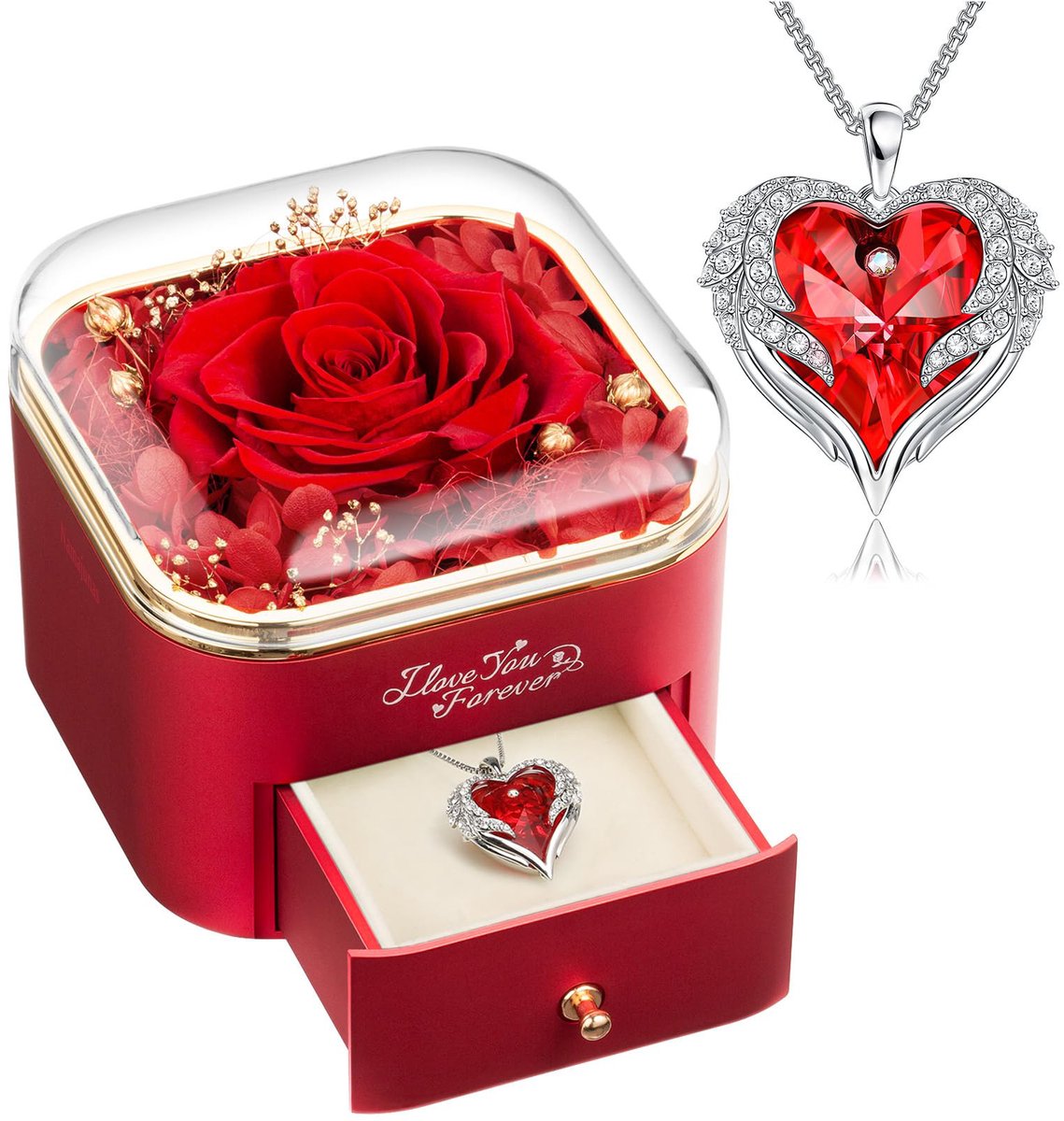 Namajunas - Roses of Eternity - Bewaarde Roos met Engelenvleugels Ketting in Sierradendoos - Luxe Geschenkdoos – Romantisch Juwelendoos Cadeau voor Vrouw, Vriendin of Moeder – Kerstcadeau, Valentijn, Verjaardag, Jubileum & Moederdag