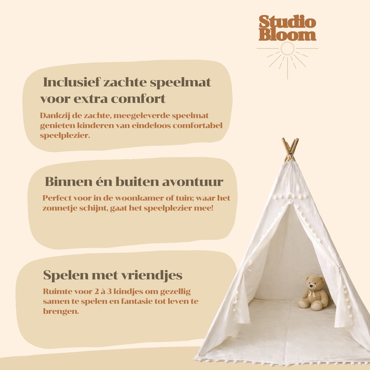 Studio Bloom Kinder Speeltent Tipi Tent Kinderen Meisjes Jongens Speelgoed Kindertent Kind Peuter Speelhuisje - Beige — afbeelding 5