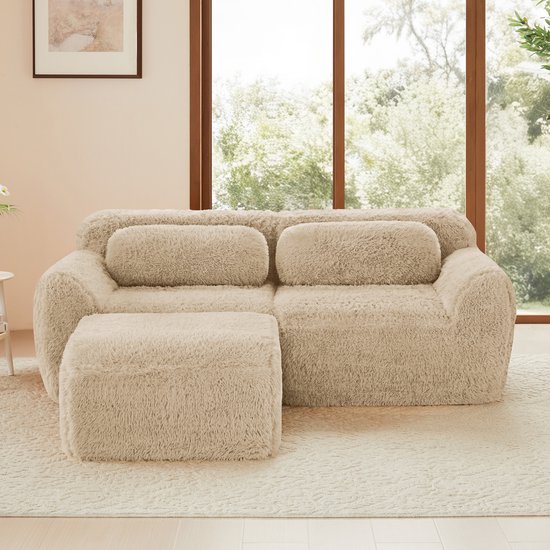 2-zitsbank met ligstoel L-vormig crèmekleurig stof 125 cm kopen