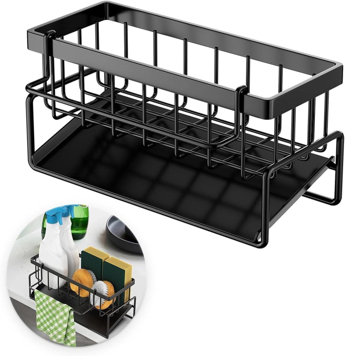 Famanu – Keuken organizer voor gootsteen, sponshouder met automatische afvoerbak en handdoekhouder