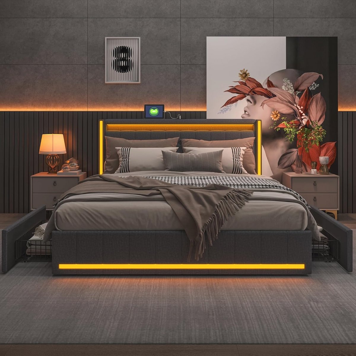 Bedframe met Opbergladen 160 x 200 - Led Bed Met USB en Opbergruimte - Tweepersoonsbed